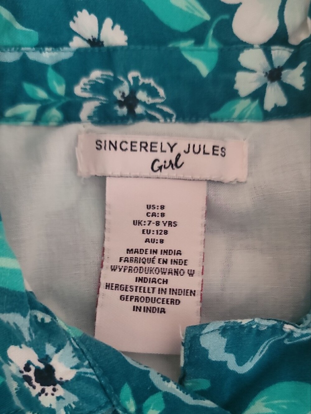 Sincerly Jules Teal and White Floral Hawaiian Girls' Dress, Size 8 - Picture 2 of 3